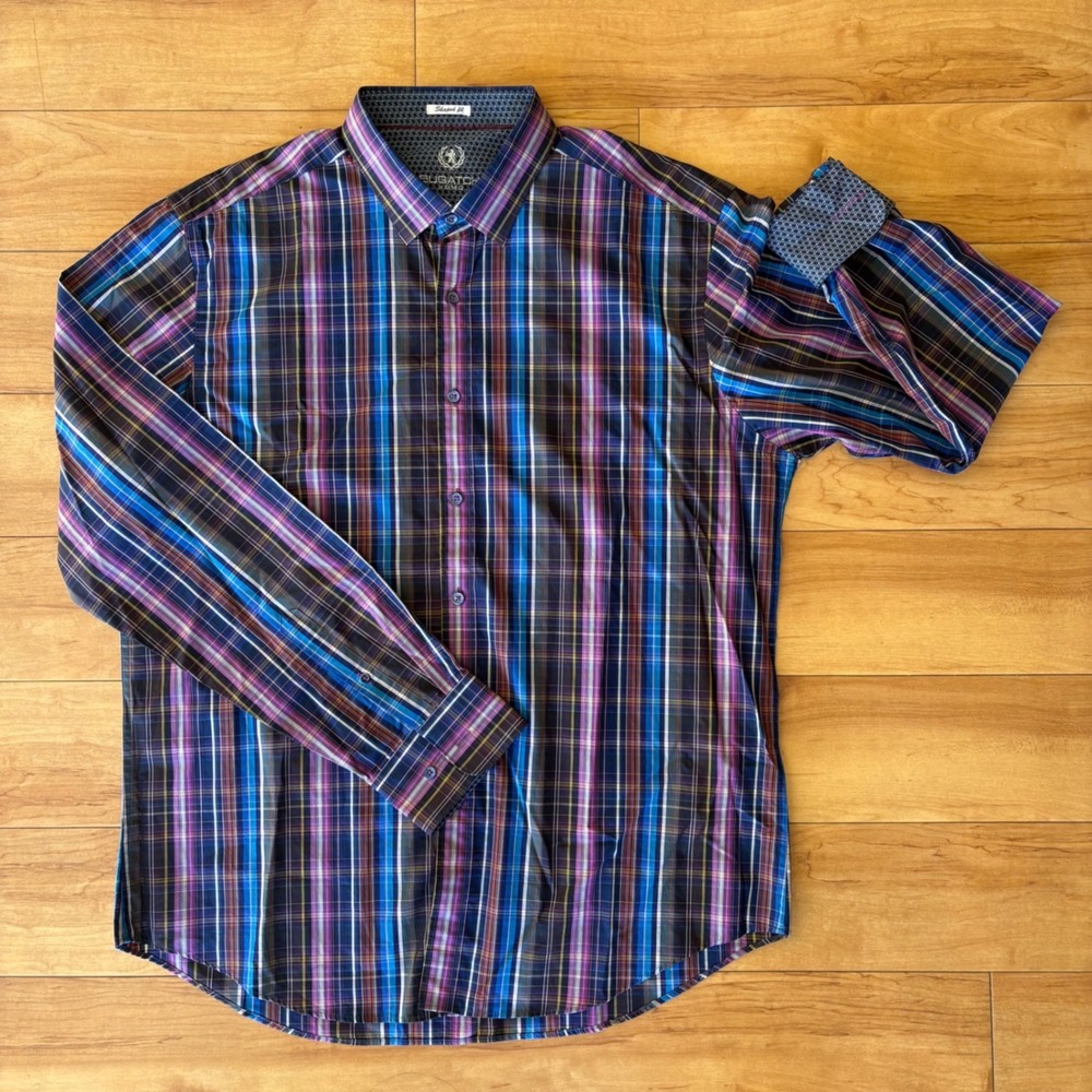 BUGATCHI UOMO Men's Plaid Long‎ Sleeve Button Down Shirt Shaped Fit Blue Purple - Picture 3 of 9